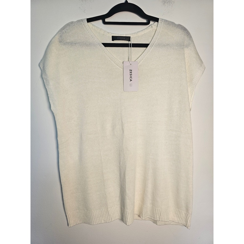 Minimalist ZESICA Knit Vest Women Large White V-Neck Cap Sleeve Sweater Top